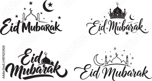 Silhouette Mosque with Crescent Moon and Stars: Celebrating the Joyful Occasion of Eid Mubarak with Festive Designs