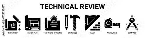 Technical Review web banner icon vector illustration concept for business with icon of blueprint, floor plan, technical drawing, drawings, ruler, measuring, compass.