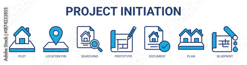 Project Initiation web banner icon vector illustration concept for business with icon of plot, location pin, searching, prototype, document, plan, blueprint.