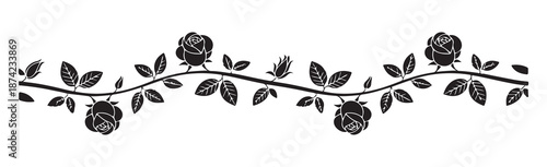 Black silhouette rose border design with solid flowers and leaves on curved vine for elegant contrast decorations
