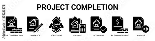 Project Completion web banner icon vector illustration concept for business with icon of file construction, contract, agreement, finance, document, file management, add file.