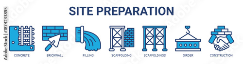 Site Preparation web banner icon vector illustration concept for business with icon of concrete, brickwall, filling, scaffolding, scaffoldings, girder, construction.