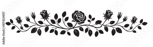 Ornate floral border with solid roses and buds elegant black silhouette design on white background for creative use