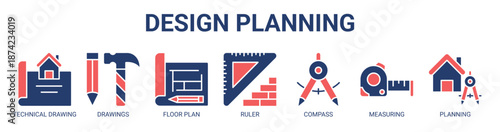 Design Planning web banner icon vector illustration concept for business with icon of technical drawing, drawings, floor plan, ruler, compass, measuring, planning.