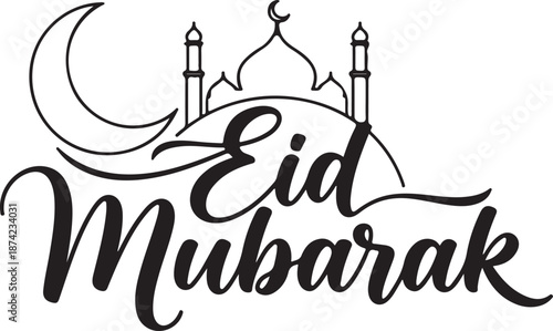 Silhouette Mosque with Crescent Moon and Stars: Celebrating the Joyful Occasion of Eid Mubarak with Festive Designs