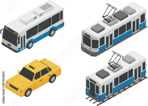 Isometric public transport vehicles illustration, bus, tram, metro train, taxi car, urban mobility, city transportation concept design
