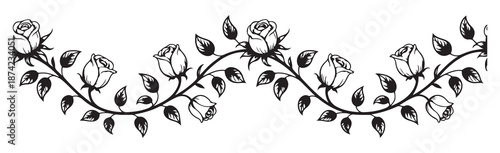 Ornate white rose flower garland border with intricate swirling stems and leaves