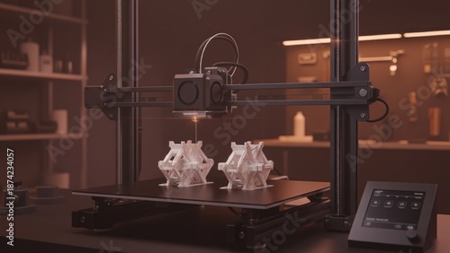 High tech 3d printer creating abstract white structures in dark workshop, hologram detail, 3d printing, advanced manufacturing