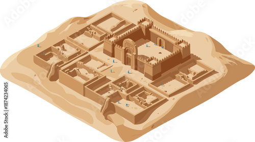 Isometric 3D illustration of ancient archaeological site with excavation area, desert ruins, historical fortress, and archaeologists exploring ancient civilization remains