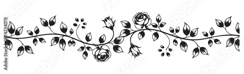 Decorative black stylized rose branch with leaves buds and berries for horizontal divider