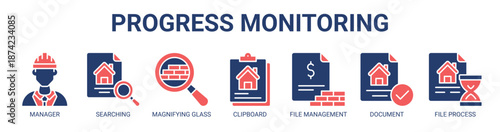 Progress Monitoring web banner icon vector illustration concept for business with icon of manager, searching, magnifying glass, clipboard, file management, document, file process.
