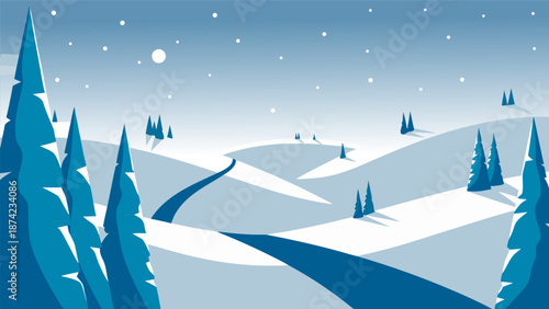 Beautiful Winter Landscape Vector Illustration with Snow Covered Hills and Trees