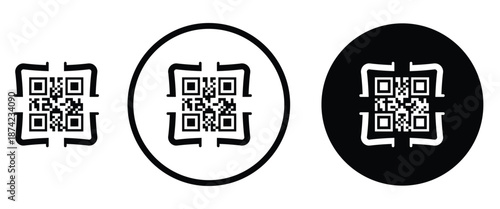Three minimalist black and white QR code icons arranged horizontally on a transparent background. Left: standard square QR pattern. Center: QR inside thin white circle on black. Right: QR inside thick