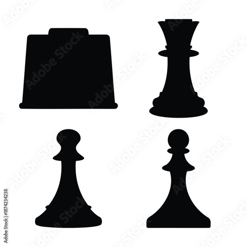 Black silhouettes of classic chess game pieces including a rook, queen, and two pawns