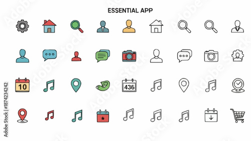 Collection of essential app icons for user interface design.