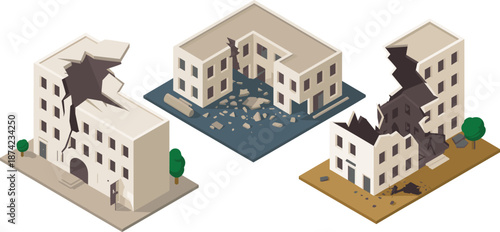 Isometric 3D illustration of damaged buildings with cracked walls, collapsed structures, earthquake destruction, urban disaster, and ruined architecture concept