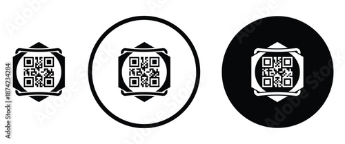 Three minimalist black and white QR code icons arranged horizontally on a transparent background. Left: standard square QR pattern. Center: QR inside thin white circle on black. Right: QR inside thick