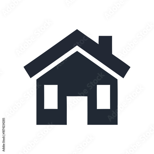A simple house icon with a chimney and clean lines