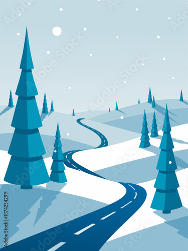 Winter road winding through snow-covered hills and pine trees, a serene landscape vector illustration