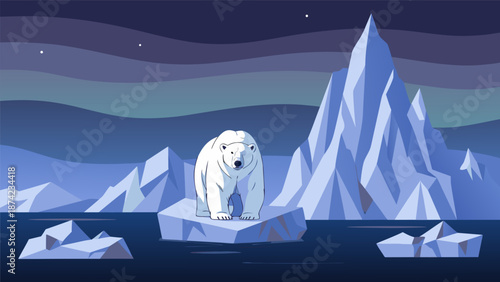 Polar Bear in Arctic Landscape Vector Illustration of Iceberg and Aurora Borealis