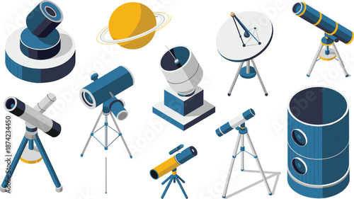 Isometric 3D illustration of different astronomical telescopes, observatory instruments, and space exploration equipment for astronomy and stargazing concept