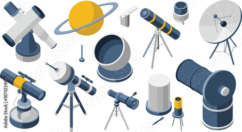 Isometric 3D illustration of different astronomical telescopes, observatory instruments, and space exploration equipment for astronomy and stargazing concept