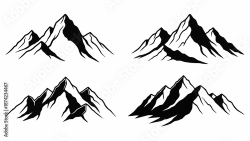 Collection of four stylized mountain range illustrations in black and white.