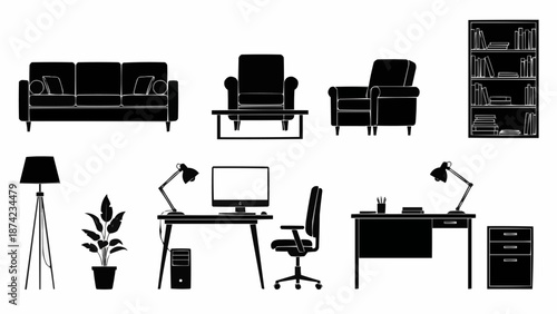 Collection of furniture and office equipment silhouettes.