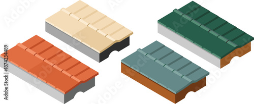 Isometric 3D illustration of four roof tile samples in different colors, construction materials concept for architecture, roofing, and building design