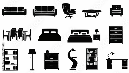 Collection of Furniture Silhouettes for Home and Office Interiors.