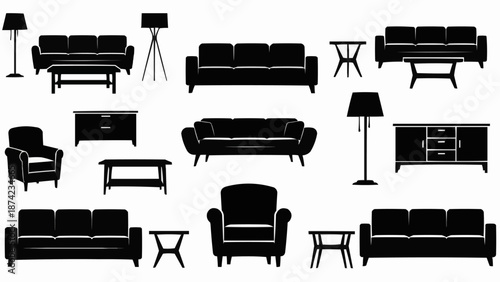 Collection of furniture silhouettes including sofas armchairs and tables.