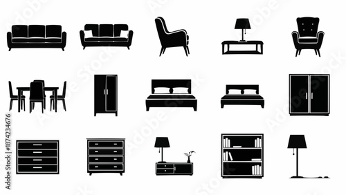 Collection of Furniture Silhouettes Isolated on White Background.