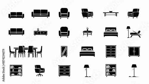 Collection of Furniture Silhouettes Isolated on White Background.
