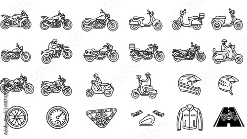 Motorcycles and riding gear illustrations collection.