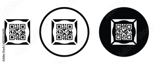 Three minimalist black and white QR code icons arranged horizontally on a transparent background. Left: standard square QR pattern. Center: QR inside thin white circle on black. Right: QR inside thick