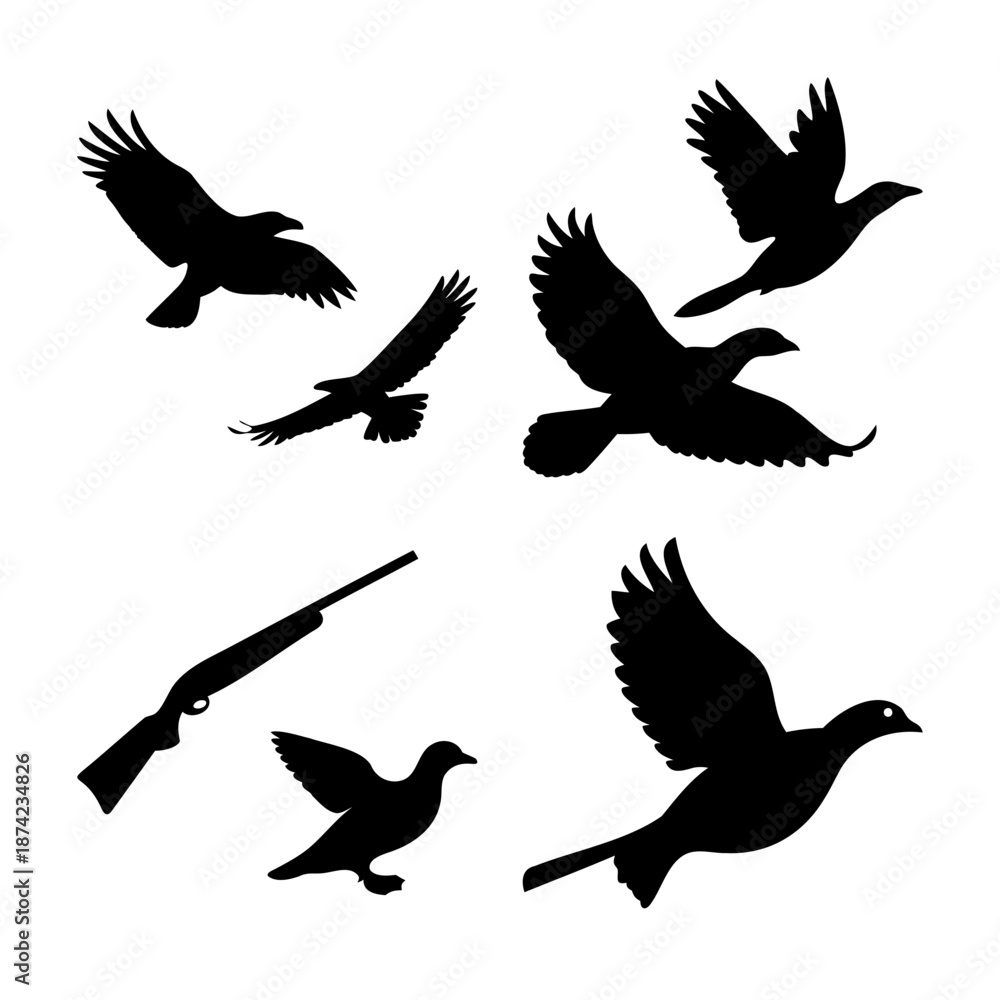 Obraz premium Dynamic silhouettes of diverse birds in flight with a hunting rifle, capturing the essence of bird hunting