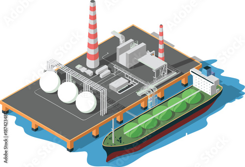 Isometric 3D illustration of liquefied natural gas terminal with industrial storage tanks, cargo ships, pipelines, and marine energy transportation facility