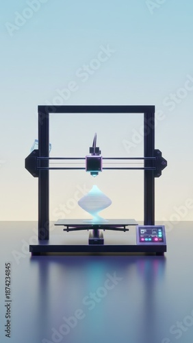 Stylized 3d printer forming glowing spiral object with floating shapes in neon studio, sci fi design, 3d printing, advanced manufacturing