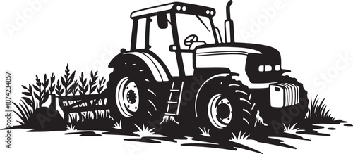 Black and white tractor in a field illustration
