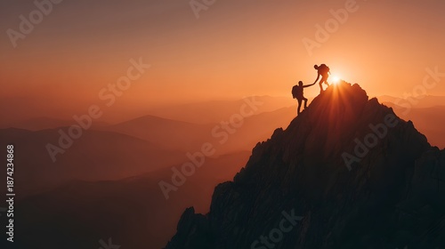 Silhouette of two hikers appears on a mountain peak at sunset where one person helps the other climb up, symbolizing teamwork and success. © horizon