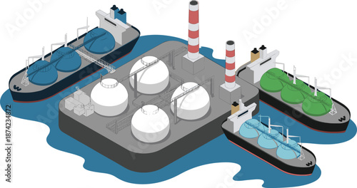 Isometric 3D illustration of liquefied natural gas terminal with industrial storage tanks, cargo ships, pipelines, and marine energy transportation facility