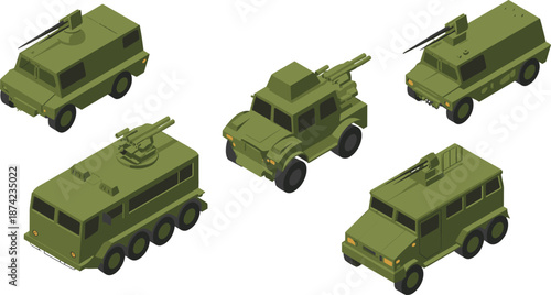 Isometric 3D illustration of military armored vehicles with mounted weapons and cannons in green camouflage for defense and combat concept