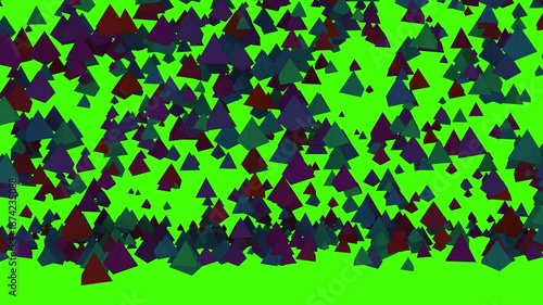 Vibrant 3D triangle shapes falling and bouncing dynamically, great for geometric motion graphics