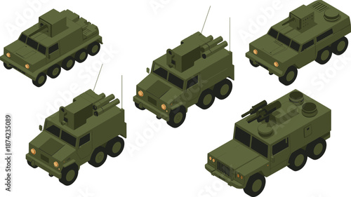 Isometric 3D illustration of military armored vehicles with mounted weapons and cannons in green camouflage for defense and combat concept