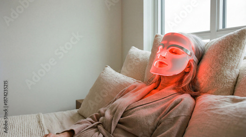 A serene woman relaxes while using a light therapy mask, promoting skin rejuvenation and wellness in the comfort of her home.