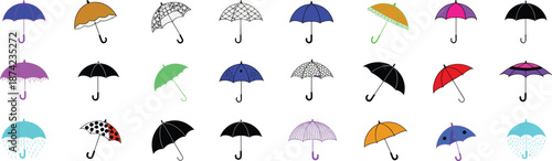 Black and white umbrella pattern, seamless rainy weather background, hand drawn style icons, minimal vector illustration design