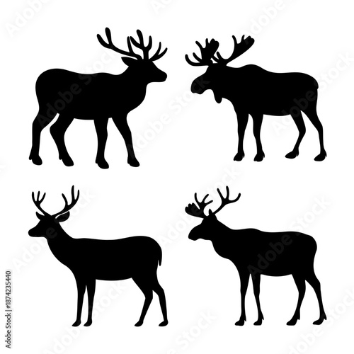 Collection of deer and moose silhouettes with impressive antlers representing forest wildlife