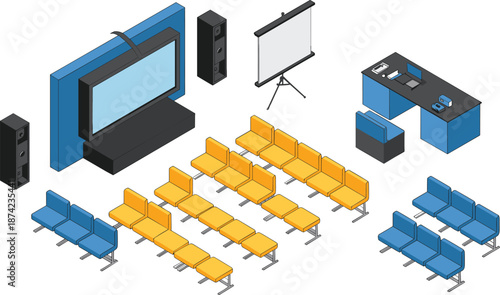 Isometric 3D illustration of modern cinema hall interior with big curved screen, projector, colorful seating rows, and sound speakers design
