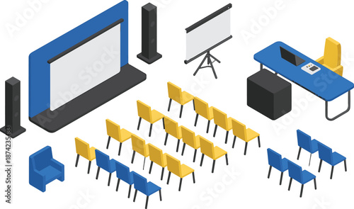 Isometric 3D illustration of modern cinema hall interior with big curved screen, projector, colorful seating rows, and sound speakers design