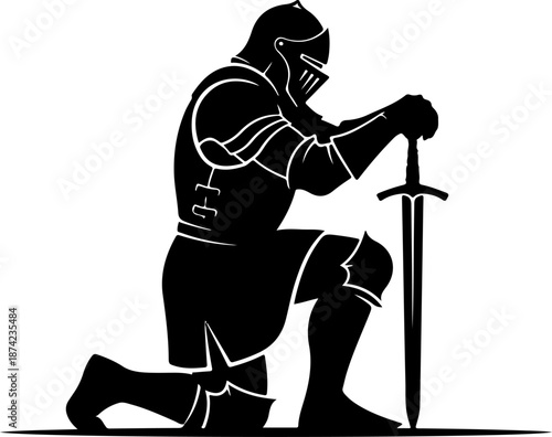 Medieval Knight Kneeling With Sword silhouette vector illustration